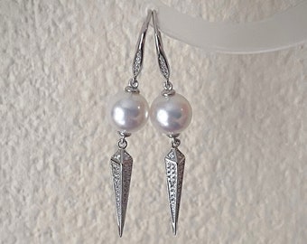 Orecchini pendenti a triangolo con perle superiori da 8,5-9 mm / perle di forma rotonda / Argento sterling 925