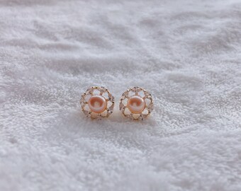 Ferris wheel zircon pearls stud earrings | 925 Sterling Silver | customized button-shape pearls | EAP-21
