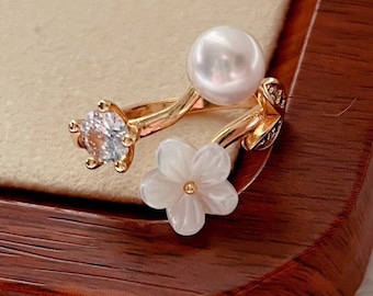 Anello regolabile con fiore di perla bianca da 6-7 mm / Forma rotonda impeccabile / Argento Sterling 925 / Gelsomino