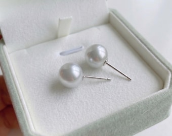 Orecchini a lobo con perle Akoya Blue Rose, perle marine giapponesi certificate PSL da 8,1 mm, oro bianco massiccio 18 carati, perle bianco-blu ad alta lucentezza, regalo di lusso.
