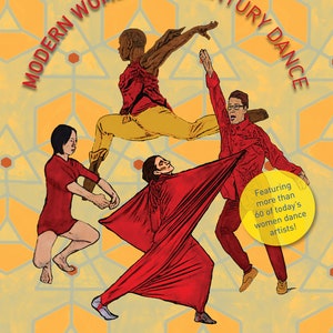 May include: A coloring book cover featuring four dancers in red and yellow costumes against a yellow background with a geometric pattern. The cover text reads "MODERN WOMEN: 21ST CENTURY DANCE" and "A Coloring Book by JULIE LEMBERGER".