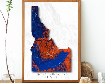 May include: A framed print of a blue and orange map of Idaho with the text "Boise State University IDAHO" at the bottom.