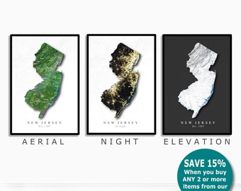 May include: Three different versions of a map of New Jersey. The first is a green aerial view, the second is a black and gold nighttime view, and the third is a white and blue elevation view. Each map is framed in black and has the text "New Jersey" and "Est. 1787" below it. The text "Aerial", "Night", and "Elevation" are below the maps. The text "Save 15% When you buy ANY 2 or more items from our shop!" is in a teal circle below the maps.