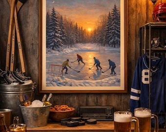 Vintage Pond Hockey Players Digital Print | Classic Hockey Wall Art