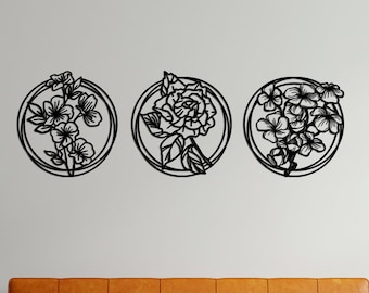 3 pcs Flowers Metal Wall Art: Round Headboard Decor