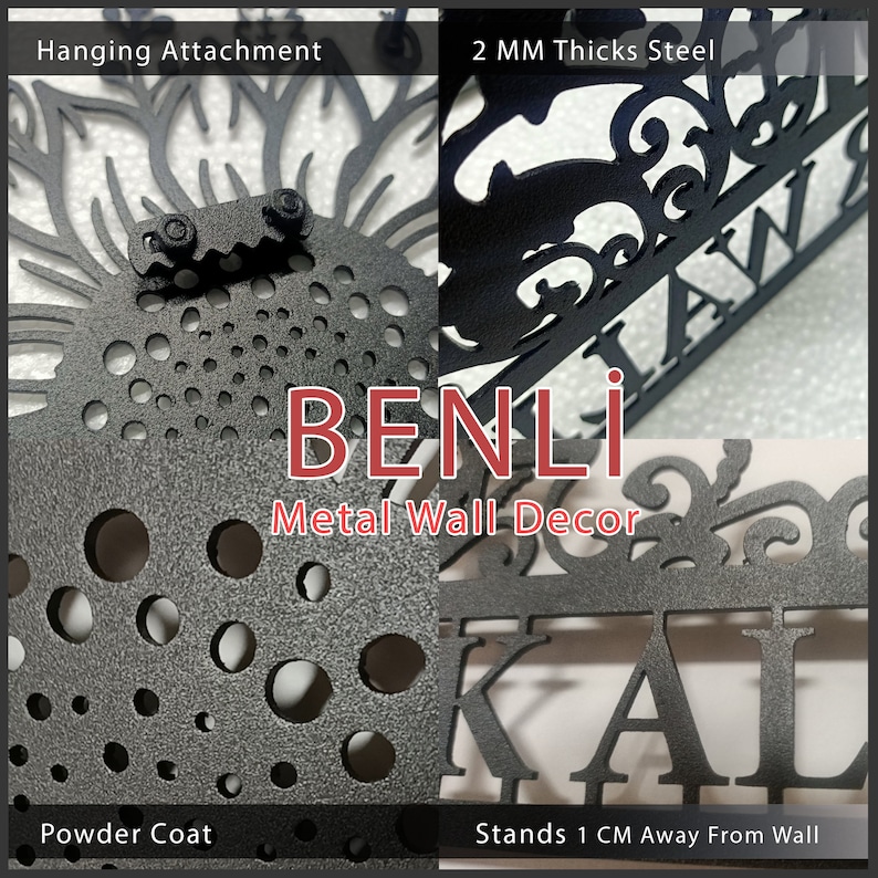 May include: Black metal wall decor with the word "BENLI" in red letters and a floral design. The decor is 2 mm thick steel and stands 1 cm away from the wall. It has a powder coat finish and a hanging attachment.