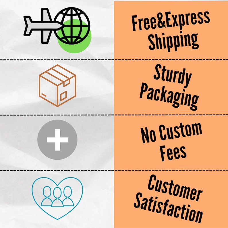 May include: Illustration of four benefits of shopping online: free and express shipping, sturdy packaging, no custom fees, and customer satisfaction.