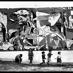 May include: Black and white photograph of a large mural depicting a scene of abstract figures and animals.  Children are standing in front of the mural.