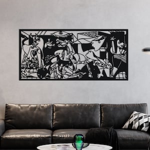 May include: Black and white metal wall art depicting a famous painting by Pablo Picasso. The artwork features a bull, a woman, and other abstract figures.