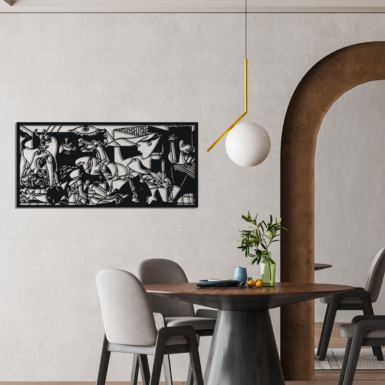 May include: Black and white wall art featuring a cubist style abstract design. The art piece is framed and hanging on a white wall in a modern living room setting.
