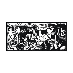 May include: Black and white illustration of a scene with multiple figures, including a bull, a woman, and a man. The figures are arranged in a chaotic and abstract manner, creating a sense of movement and energy. The artwork is reminiscent of cubist style.