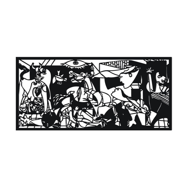 May include: Black and white illustration of a scene with multiple figures, including a bull, a woman, and a man. The figures are arranged in a chaotic and abstract manner, creating a sense of movement and energy. The artwork is reminiscent of cubist style.
