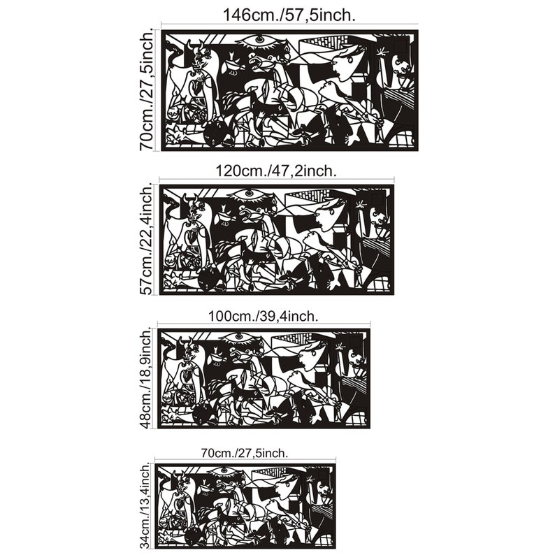 May include: A black and white line art print of a famous painting depicting a group of people. The print is available in five different sizes: 13.4 inches by 34 centimeters, 18.9 inches by 48 centimeters, 22.4 inches by 57 centimeters, 27.5 inches by 70 centimeters, and 57.5 inches by 146 centimeters.