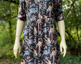 80s peacock print dress