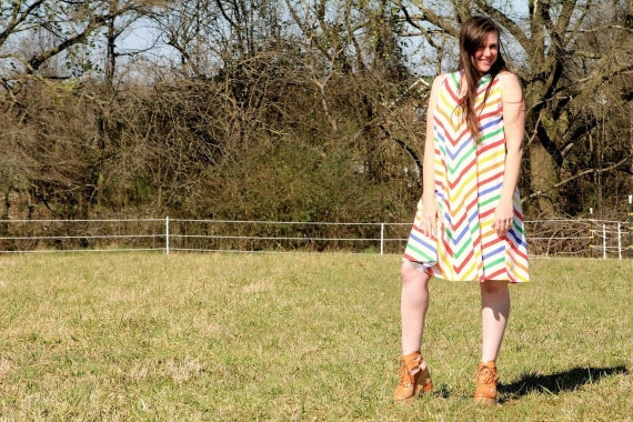 Vintage 80s Rainbow Chevron Stripe Dress