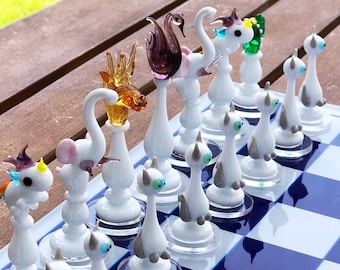 Animal Murano Glass Chess Set: Handmade Blown Glass Board Game