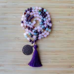 Rose Quartz Mala Bead Necklace: Blue Agate, Amethyst, Flower of Life