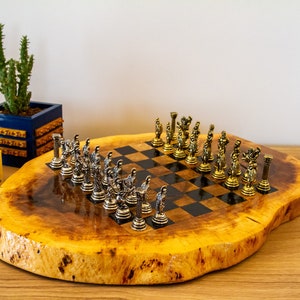 Solid Wood Chess Set with Metal Roman Figures, Personalized Handmade Massive Wood Chess Set, Vintage Chess Set, Handcrafted Solid Wood Board