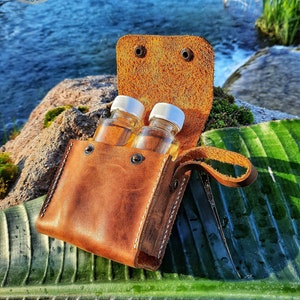Leather Oil and Vinegar Bottle Set, Handmade Camping Utensils, Four Jars & Leather Cover, Personalized Leather Travel Kitchen Tools