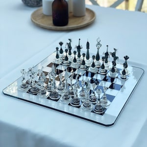 Clear Chess Set, Handmade Murano Glass Pieces and Glass Board, Grey and Clear Chess Set