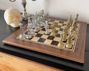 Pegasus Chess Set, Personalized Wooden Chess Set, Handcrafted Wood Board and Metal Figures, Mythologic Chess Figures