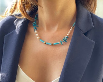Collier Lapis Lazuli, perles aigue-marine, collier d'été, collier de perles d'eau douce, bijoux d'été, collier de perles, Boho
