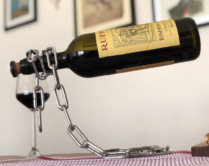 Gravity Defying Chain Wine Bottle Holder, Handmade Nickel Plated Wine Stand, Decorative Home Gift, Mother's Day Gift, Housewarming Gift