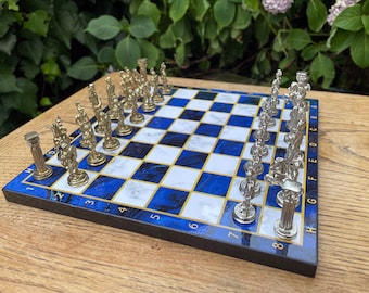 Handmade Blue & White Chess Set: Zamac Metal Figures, Wood Board