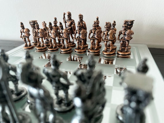 15 Black and Frosted Glass Chess Set with Mirror Board