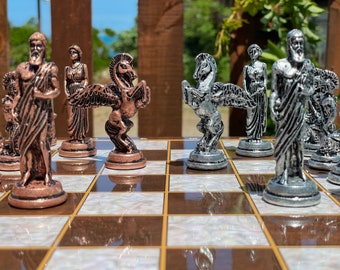 Handmade Pegasus Chess Set: Mythologic Zamac Figures, Wooden Board