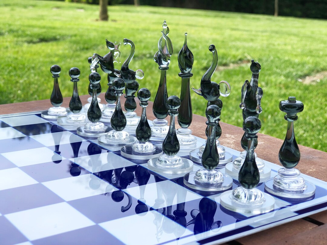 Luxury Unique Chess Set, Handmade Blue Murano Glass Chess Board and