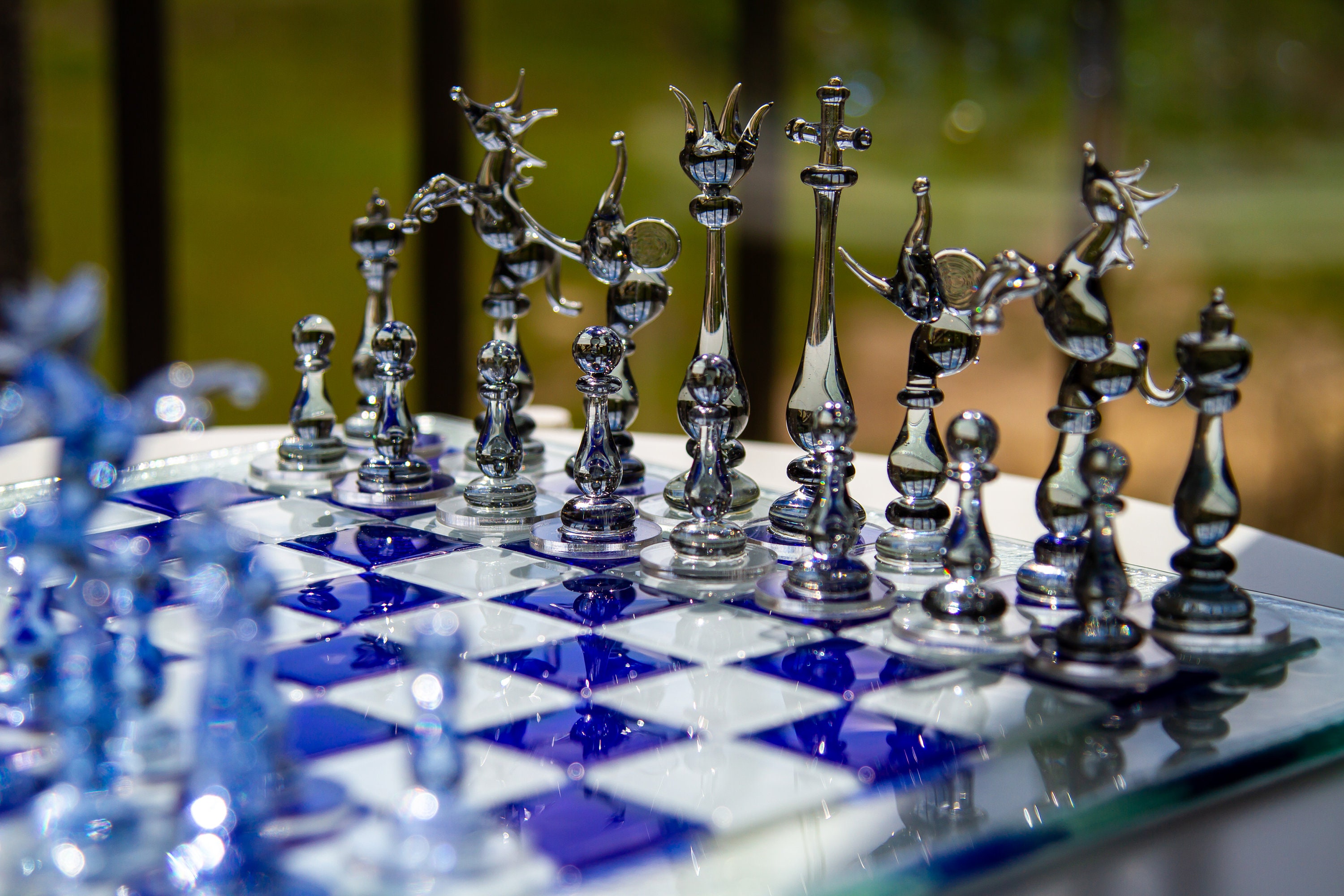 Luxury Unique Chess Set, Handmade Murano Glass Chess Board and Pieces,  Black and Blue Chess Set -  Denmark