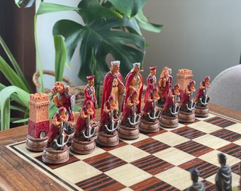 Handmade Medieval Chess Set: Hand-Painted Figures, Bamboo Board