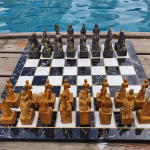 Chess Set, Personalized Chess Set, Egyptian Theme Handmade Figures with Board, Polyester Figures and Wooden Board, Elegant Chess Set