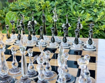 Handmade Murano Blown Glass Chess Set: Clear & Grey