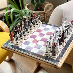 Colorful Hand-Painted Chess Set, Handmade Medieval Figures with Wooden Board, Personalized Chess Set