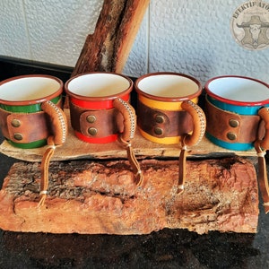 Enamel Mug with Leather Cover, Personalized Mug, Camping Mug, Custom Mug, Anniversary Gift, Birthday Gift, Colorful Mug, Unique Mug