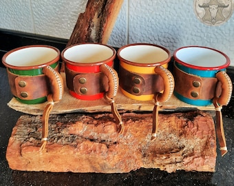 Enamel Mug with Leather Cover, Personalized Mug, Camping Mug, Custom Mug, Anniversary Gift, Birthday Gift, Colorful Mug, Unique Mug