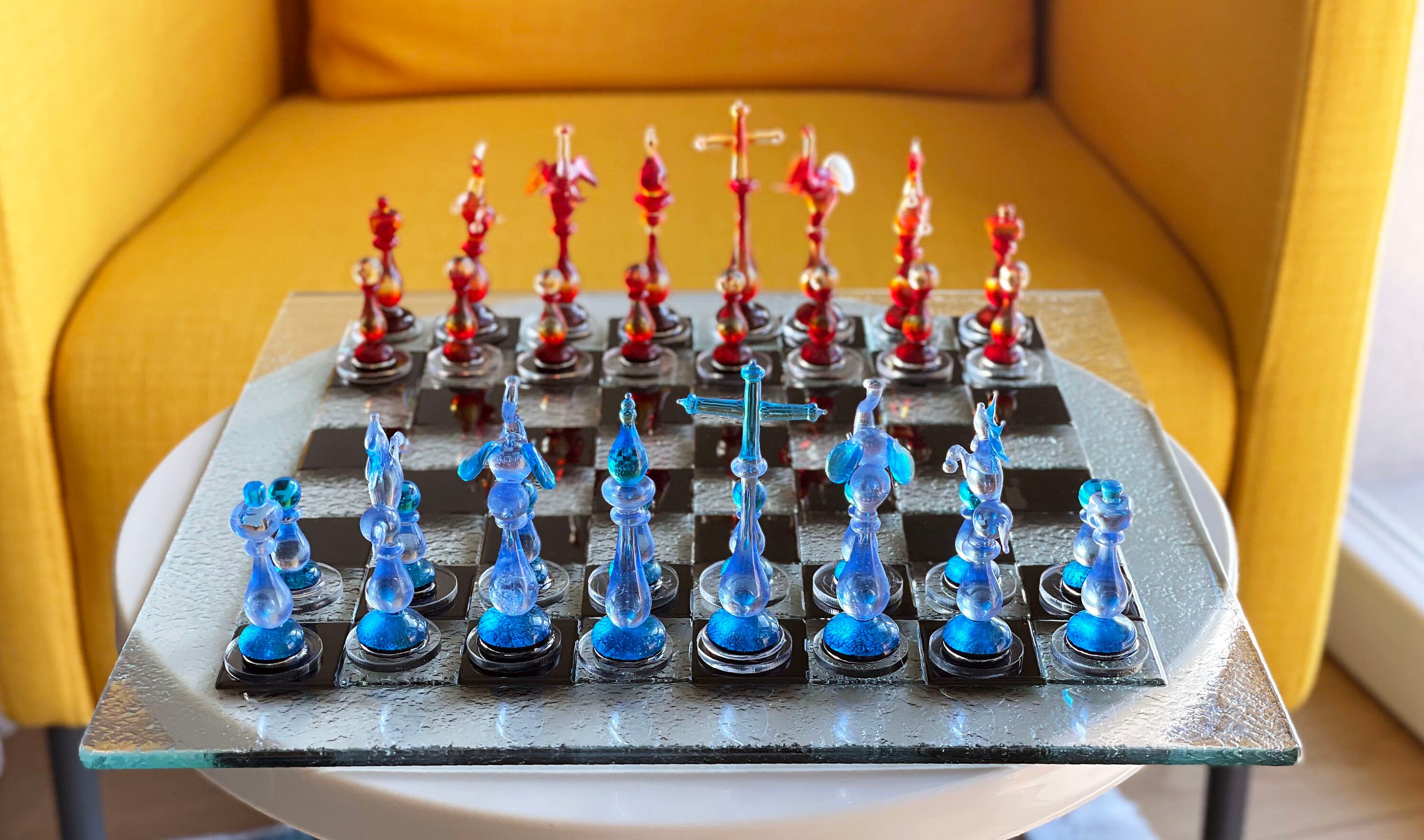 Chess Game Concept. Chess Board with Figures on Orange Background