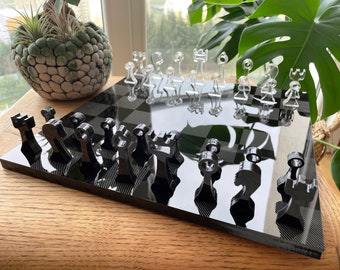 Handmade Elegant Chess Set, Black and White Chess Set, Handmade Personalized Chess Set, Modern Chess Set, Acrylic Chess Board and Figures