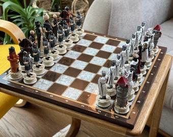 Handmade Medieval Chess Set: Large Hand-Painted Figures, Wooden Board