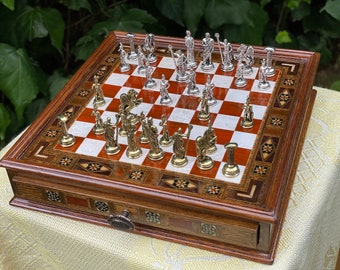 Handcrafted Chess Set with Drawer, Handcrafted Chess Pieces, Mythologic Handmade Chess Set, Personalized Chess Board