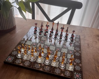 Amber & Brown Glass Board Murano Glass Chess Set:
