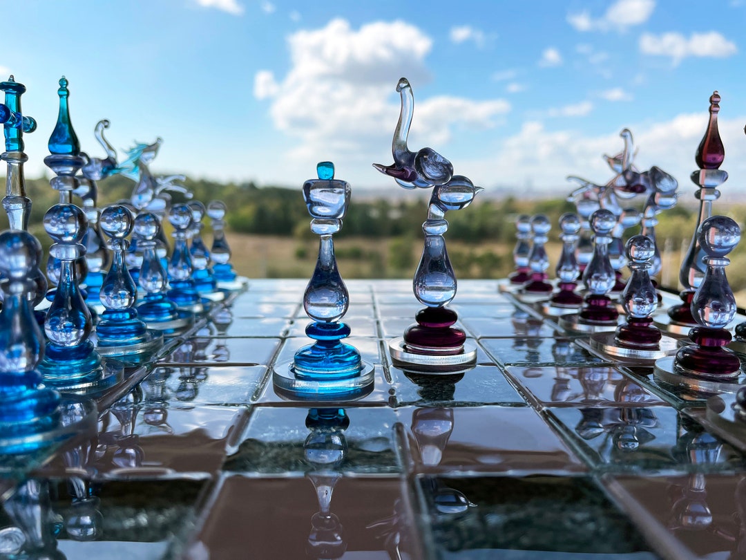 Luxury Unique Chess Set, Handmade Pink & Blue Murano Glass Chess Board and Pieces, Pink and Blue