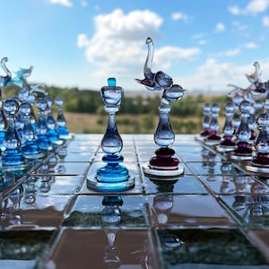 Handmade Murano Glass Chess Set: Pink & Blue Blown Glass Figures