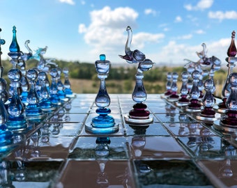 Luxury Unique Chess Set, Handmade Pink & Blue Murano Glass Chess Board and Pieces, Pink and Blue Chess Set