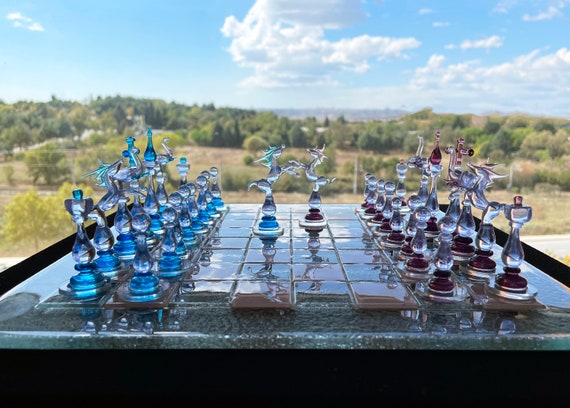 Luxury Unique Chess Set, Handmade Murano Glass Chess Board and