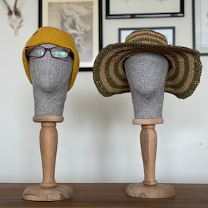 Handmade Fabric Mannequin Head with Wooden Stand: Hat & Jewelry Display