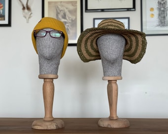Handmade Fabric Mannequin Head with Wooden Stand: Hat & Jewelry Display