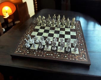 Handmade Mythologic Chess Set: Zamac Figures, Wood Board